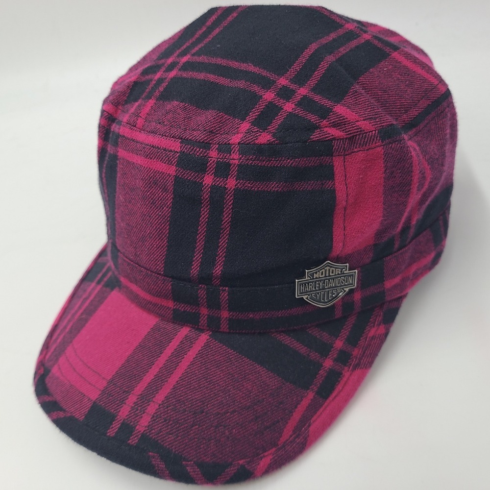 Women Harley Davidson Hat Fitted M Pink Black Plaid Cadet Military Army Cap Logo